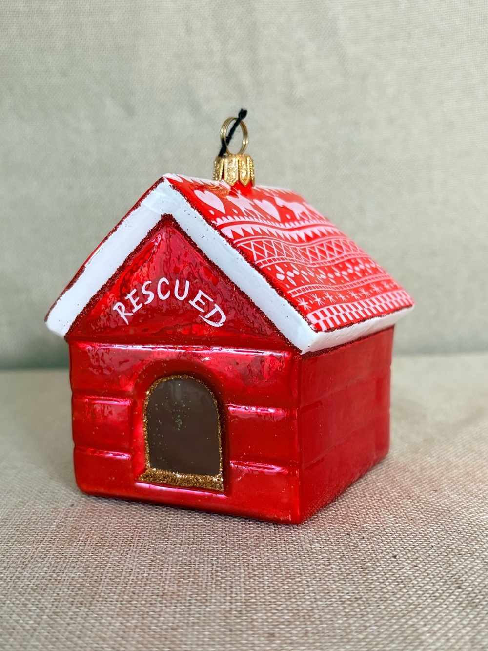 Joy to the World Artisan Made Rescued Red Dog House Holiday Ornament